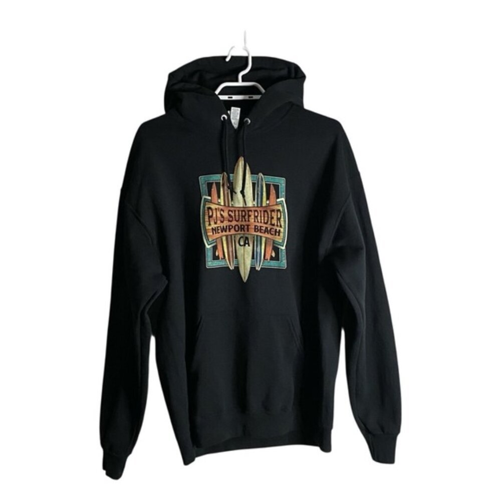PJ's Surfrider Newport Beach CA Black Surfboard Graphic Sweatshirt Hoodie